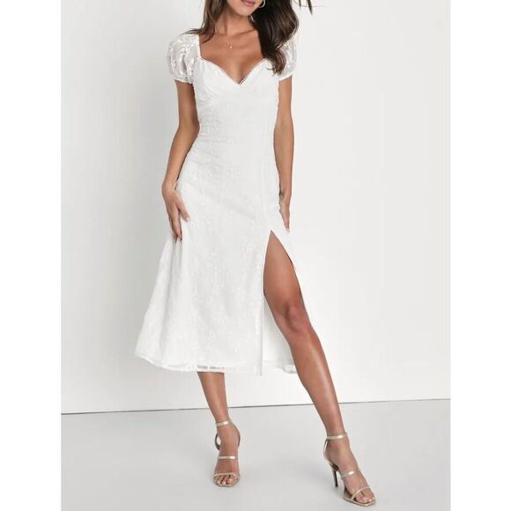 Lulu's White Puff Sleeve Midi Dress with Side Slit